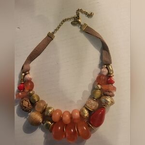 Chico's Maya Beaded Necklace Matte-gold/Orange beads 2 Strand Signed